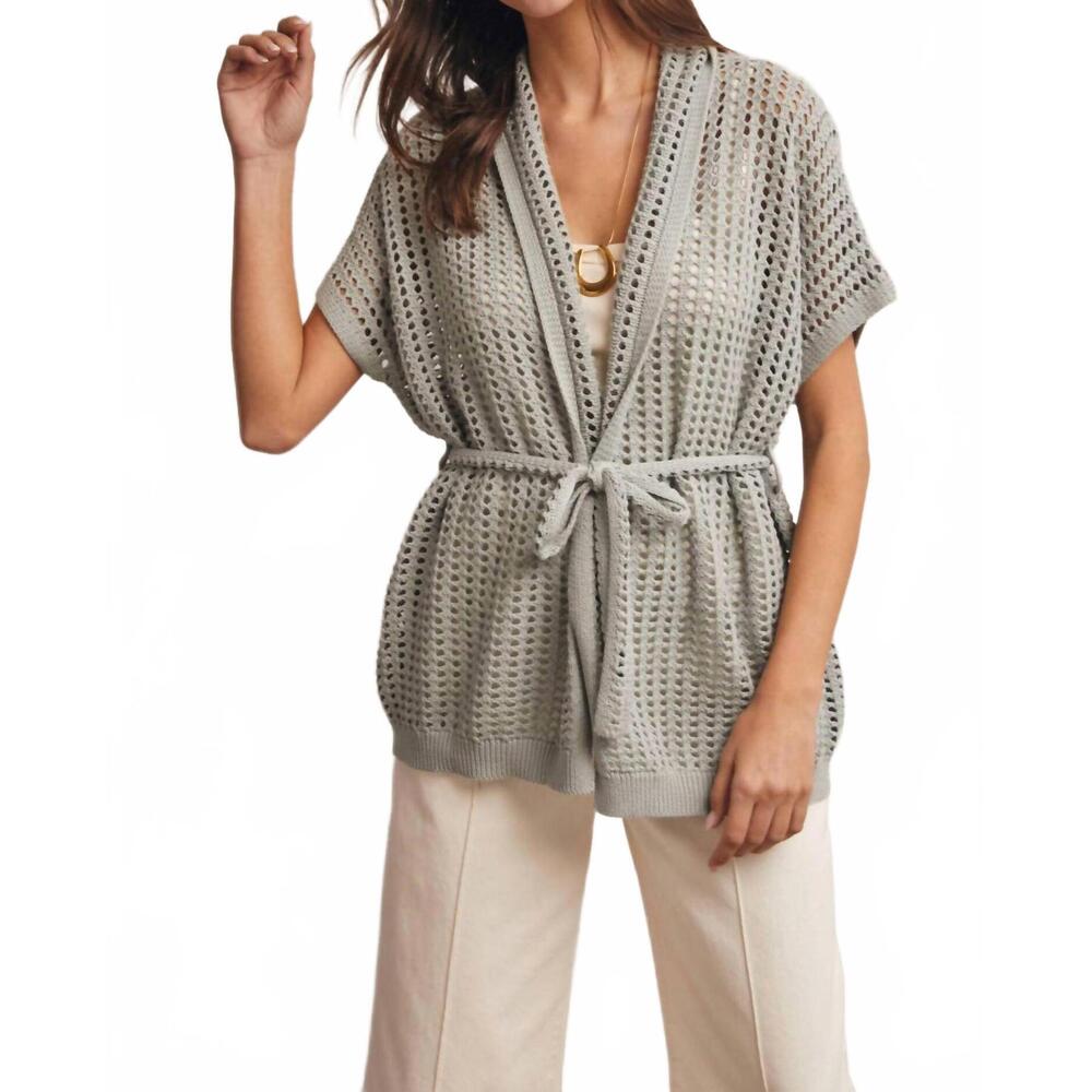 NEW FORTE open knit belted cardigan in seafoam